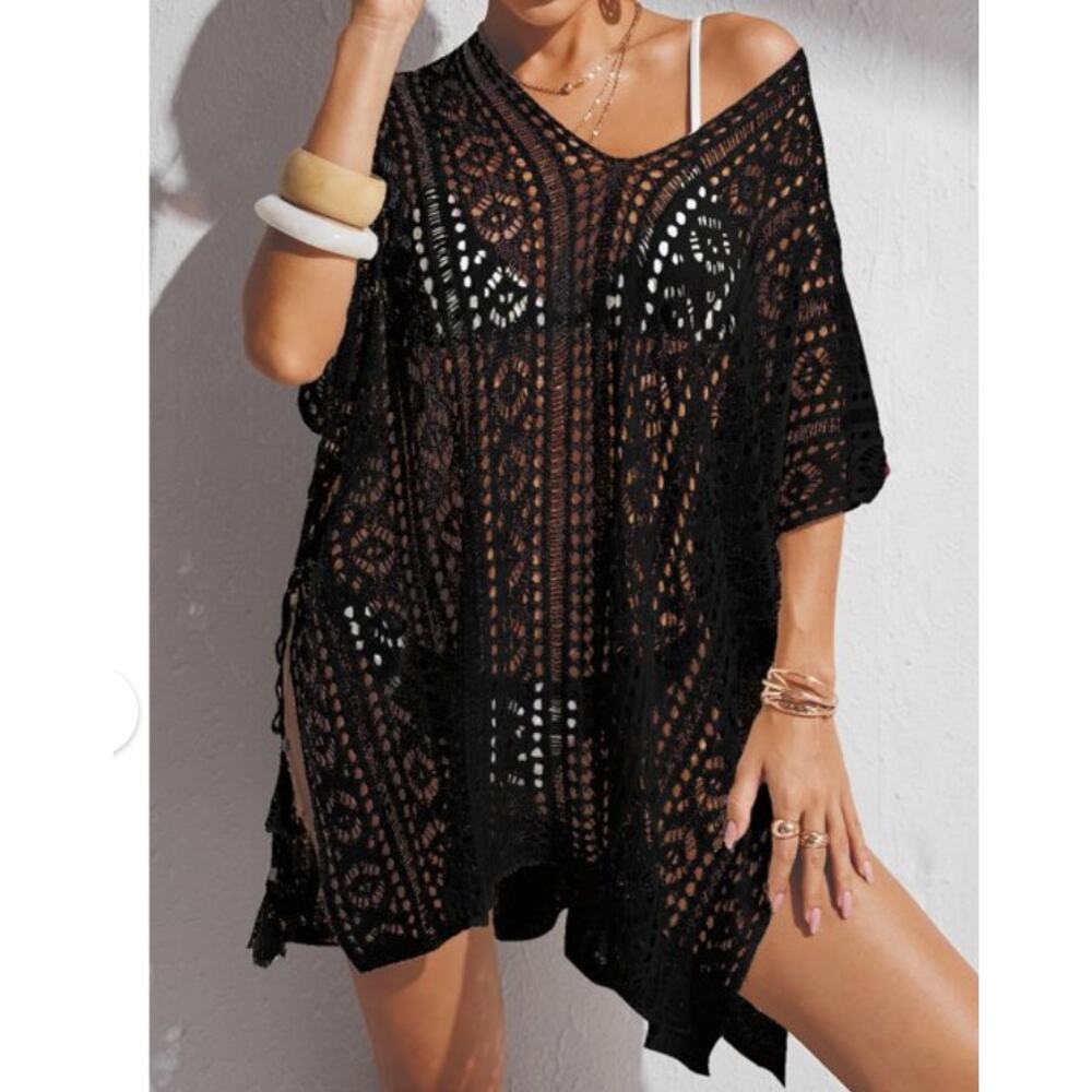 Boutique Boho Black Crochet Knit Swimsuit Cover-Up with Tassels